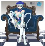  beco blue blue_eyes blue_hair blue_rose_(tiger_&amp;_bunny) boots breasts chair character_name checkered checkered_floor cleavage crossed_legs earrings elbow_gloves gloves gun hat high_heels jewelry karina_lyle legs_crossed lipstick makeup shoes sitting solo superhero thigh-highs thigh_boots thighhighs tiger_&amp;_bunny title_drop weapon 