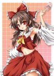  arm_up armpits bandage bandages bow brown_hair detached_sleeves hair_bow hair_tubes hakurei_reimu highres long_hair looking_at_viewer midriff miko navel open_mouth red_eyes roura shirt skirt skirt_set smile solo spell_card tile_background touhou 