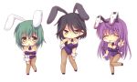  :d ^_^ animal_ears bare_shoulders black_hair blush breasts brown_eyes bunny_ears bunny_girl bunny_tail bunnysuit chibi cleavage closed_eyes detached_collar eyes_closed fishnet_pantyhose fishnets glasses green_eyes green_hair infinite_stratos large_breasts long_hair miyata_(miyatami07) multiple_girls nohotoke_honne open_mouth orimura_chifuyu pantyhose purple_hair rabbit_ears shinonono_tabane shoes short_hair simple_background smile tail underwear v white_background wrist_cuffs yamada_maya_(infinite_stratos) 