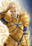  armor blonde_hair dxc11111 earrings fate/zero fate_(series) gate_of_babylon gilgamesh hand_in_hair jewelry male red_eyes solo 