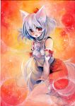  acrylic_paint_(medium) animal_ears between_legs detached_sleeves fang hat inubashiri_momiji looking_at_viewer mosho open_mouth red_eyes shirt short_hair silver_hair sitting skirt smile solo tail tail_between_legs tokin_hat touhou traditional_media wariza watercolor_(medium) wolf_ears wolf_tail 