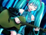  closed_eyes detached_sleeves eyes_closed ginko_(konekonoshippo) guitar hatsune_miku headset instrument long_hair necktie open_mouth sitting twintails very_long_hair vocaloid 