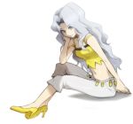  bare_shoulders breasts chin_rest cleavage crop_top elite_four full_body grey_eyes high_heels karin_(pokemon) leaning long_hair midriff navel nintendo pokemon pokemon_(game) pokemon_gsc pokemon_hgss shadow shoes silver_hair sitting smile strap_slip 