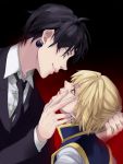  black_hair blonde_hair chlfl05 chrollo_lucilfer earrings formal hair_pull hand_on_another&#039;s_face hand_on_another's_face hunter_x_hunter jewelry kurapika male multiple_boys red_eyes short_hair suit 