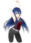  adult arm_behind_head arm_up armpits belt blue_eyes blue_hair breasts cleavage cosplay costume_switch cropped_legs k-a-i long_hair pants persona persona_4 persona_x_detective purple_eyes shirogane_naoto solo tank_top tatsumi_kanji tatsumi_kanji_(cosplay) 