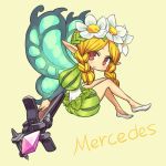  bare_legs blonde_hair bow_(weapon) braid butterfly_wings chan_co character_name chibi crossbow crystal fairy flower head_wreath long_hair mercedes odin_sphere pointy_ears puff_and_slash_sleeves puffy_pants puffy_sleeves red_eyes simple_background slippers solo twin_braids weapon wings 