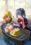  ;d baby blonde_hair cot crib green_eyes green_hair hair_ornament hair_ribbon hat hat_removed headwear_removed kochiya_sanae mirror moriya_suwako multiple_girls open_mouth ponytail purple_eyes purple_hair red_eyes ribbon short_hair smile snake touhou violet_eyes wind_chime wink yasaka_kanako young yunohara_konomi 