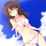  bikini blush breasts brown_hair cleavage cloud earrings foreshortening front-tie_top green_eyes jewelry kokumu kujikawa_rise long_hair navel ocean outstretched_arm persona persona_4 side-tie_bikini skindentation sky smile swimsuit twintails two_side_up wink 