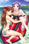  absurdres amamiya_momona ass bare_legs bare_shoulders barefoot bikini blue_eyes blue_hair blue_sky bow breasts brown_hair butt_crack feet feet_in_water green_eyes hair_bow hair_ornament hairclip happoubi_jin highres jet_ski koromogae_maya long_hair looking_at_viewer looking_back multicolored_bikini multiple_girls navel partially_submerged polka_dot polka_dot_bikini polka_dot_swimsuit resort_boin riding scan shiny shiny_skin short_hair side-tie_bikini sideboob sky smile soaking_feet striped striped_bikini striped_swimsuit swimsuit two_side_up water 