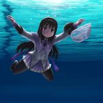  akemi_homura album_cover black_hair black_legwear bow bubble cover diving fishing_hook fishing_line fishing_lure hairband highres long_hair magical_girl mahou_shoujo_madoka_magica nevermind nirvana_(band) panties pantyhose parody purple_eyes shield shirt skirt sokushinbutsu solo striped striped_panties underwater underwear violet_eyes 