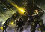  90s absurdres aries_(mobile_suit) artist_request battle beam_rifle firing flying gun gundam gundam_wing highres hill leo_(mobile_suit) mecha mist mountain muzzle_flash no_humans oldschool robots science_fiction weapon 