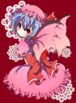  bat_wings blue_hair bow hat k13958 lace looking_back red_background red_eyes remilia_scarlet ribbon solo touhou wings 