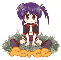  blush chibi isis_eaglet kuromitsu_kinako looking_at_viewer lyrical_nanoha mahou_senki_lyrical_nanoha_force open_mouth purple_hair shorts sitting smile solo 