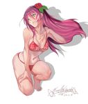 barefoot bikini breasts derivative_work earrings flower green_eyes hair_flower hair_ornament highres jewelry large_breasts long_hair navel one_knee original purple_hair rose shadow shiny shiny_skin sichen signature solo squatting strap_lift swimsuit 