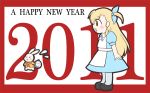  &gt;_&lt; 2011 alice_in_wonderland blush kuromitsu_kinako long_hair lyrical_nanoha mahou_shoujo_lyrical_nanoha mahou_shoujo_lyrical_nanoha_vivid new_year open_mouth pantyhose red_eyes sacred_heart solo vivio 