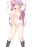  absurdres animal_ears blush breasts bunny_ears chimunge dress_shirt highres long_hair navel no_bra no_pants open_clothes open_shirt panties pink_hair purple_hair rabbit_ears red_eyes reisen_udongein_inaba shirt solo striped striped_panties touhou underwear white_background wince 