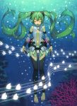 1girl barefoot bridal_gauntlets bubble closed_eyes floating_hair green_hair hatsune_miku long_hair miku_append navel necktie open_mouth solo thigh-highs toeless_legwear twintails underwater very_long_hair vocaloid vocaloid_append yuksi 