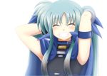  blue_hair cape closed_eyes eyes_closed lyrical_nanoha mahou_shoujo_lyrical_nanoha mahou_shoujo_lyrical_nanoha_a&#039;s mahou_shoujo_lyrical_nanoha_a&#039;s_portable:_the_battle_of_aces mahou_shoujo_lyrical_nanoha_a's mahou_shoujo_lyrical_nanoha_a's_portable:_the_battle_of_aces material-l ribbon smile twintails 