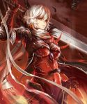  armor breasts dantewontdie fantasy feathers gauntlets holding original pink_eyes silver_hair solo sword weapon 