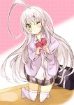  1girl bag green_eyes grey_hair haiyore!_nyaruko-san kneeling meno moe_moe_kyun! nyarlathotep_(nyaruko-san) plaid_skirt skirt solo thigh-highs thighhighs white_hair white_thighhighs wink zettai_ryouiki 