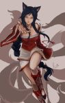  aa2233a ahri animal_ears bare_shoulders black_hair braid breasts cleavage detached_sleeves facial_mark fox_ears fox_tail grey_eyes league_of_legends long_hair looking_at_viewer multiple_tails outstretched_hand single_braid solo tail very_long_hair 