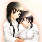  black_eyes black_hair blush breast_pillow breasts closed_eyes eyes_closed hand_holding hand_on_head holding_hands hug iwato_kasumi japanese_clothes jindai_komaki large_breasts light_smile long_hair miko multiple_girls onsoku_maru saki short_hair 