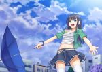  :o belt black_hair blue_eyes blue_sky blurry breasts building cloud clouds collarbone depth_of_field flower from_below highres jacket kasei_(xyz) long_hair midriff off_shoulder open_hand open_mouth original outstretched_arms pleated_skirt skirt sky solo spread_arms tank_top teeth thigh-highs thighhighs umbrella white_legwear 