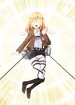  blonde_hair boots christa_renz closed_eyes jacket mikami_shiori open_mouth parody seiyuu_connection shingeki_no_kyojin short_hair smile solo thigh_strap three-dimensional_maneuver_gear uniform utsurogi_angu wings wire yuru_yuri 