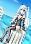  aqua_eyes bare_shoulders black_heart breasts choujigen_game_neptune cleavage elbow_gloves gloves hair_ornament kami_jigen_game_neptune_v long_hair looking_at_viewer noire sarvuant smile solo symbol-shaped_pupils thigh-highs thighhighs twintails very_long_hair white_hair 