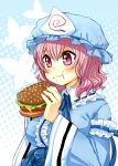  :t bad_id breasts eating food hamburger japanese_clothes kataro lettuce meat pink_eyes pink_hair ribbon saigyouji_yuyuko short_hair smile solo tomato touhou triangular_headpiece 