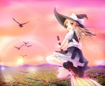  apron bird blonde_hair bloomers braid broom broom_riding cyoppu flying forest hair_ribbon hat hat_ribbon highres kirisame_marisa lens_flare long_hair mountain nature open_mouth red_sky ribbon shirt skirt skirt_set sky smile solo sun sunset touhou turning vest waist_apron witch_hat yellow_eyes 