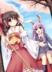  :o animal_ears ascot bamboo_broom bare_shoulders black_legwear blazer blue_sky blurry blush bow breasts broom brown_hair bunny_ears cherry_blossoms cleaning cloud clouds collarbone depth_of_field detached_sleeves dutch_angle flat_chest frills hair_bow hair_tubes hakurei_reimu kue long_hair looking_up midriff miko multiple_girls necktie open_mouth petals pleated_skirt purple_hair rabbit_ears red_eyes reisen_udongein_inaba sitting skirt skirt_set sky socks touhou tree wide_sleeves 