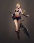  blonde_hair breasts cleavage crop_top denim denim_shorts elbow_gloves fingerless_gloves foreverchaos gloves highres large_breasts lips long_hair midriff navel nvael original red_eyes short_shorts shorts solo sword weapon 