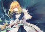  alternate_hairstyle armor armored_dress blonde_hair blood blue_eyes breastplate cape excalibur fate/zero fate_(series) faulds fur_trim gauntlets hair_down holding juliet_sleeves light_particles long_hair long_sleeves looking_at_viewer puffy_shoulder_long_sleeves puffy_sleeves rain_lan saber solo sword weapon 