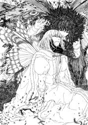 2boys arthropod_boy arthropod_limbs bug cape crown diamond_hairband dragonfly_wings dual_persona fate/grand_order fate_(series) fur-trimmed_cape fur_trim highres insect_wings long_sleeves male_focus medium_hair monochrome multiple_boys oberon_(fate) oberon_(first_ascension)_(fate) oberon_(third_ascension)_(fate) robe shirt singlikeabird sitting wings 