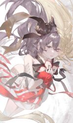  1girl absurdres arcaea black_bow black_eyes black_hair black_hairband blonde_hair bow bowtie commentary cowboy_shot dress flower frilled_wrist_cuffs frills gloved_sleeves hair_between_eyes hairband heterochromia highres layered_dress long_hair maya_(arcaea) multicolored_bow multicolored_hair noranheart pelvic_curtain petals red_eyes red_ribbon red_wrist_cuffs ribbon shirt sleeve_cuffs solo thigh-highs two-tone_hair very_long_hair white_background white_bow white_dress white_flower white_petals wrist_cuffs zettai_ryouiki 