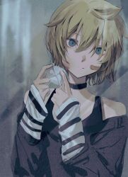  1boy absurdres black_shirt blonde_hair bruise bruise_on_face commentary hair_down highres injury kagamine_len long_sleeves shirt strobe_hato untranslatable_commentary vocaloid 