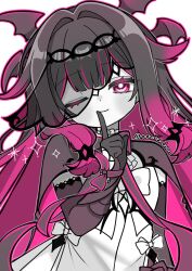 1girl bat_wings black_gloves black_hair columbina_(big_bad_vampire)_(genshin_impact) columbina_(genshin_impact) commentary_request dress elbow_gloves finger_to_mouth genshin_impact gloves head_wings highres index_finger_raised long_hair looking_at_viewer multicolored_hair official_alternate_costume one_eye_closed shushing simple_background smile solo streaked_hair tenchan_080515 two-tone_hair white_dress wings 
