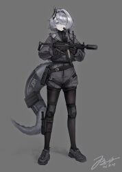  absurdres black_horns black_shoes buckle earpiece gun h&amp;k_mp5 heckler_&amp;_koch highres holding holding_gun holding_weapon horns jerry_wang knee_pads knife_sheath large_tail long_sleeves optical_sight original pantyhose sheath shoelaces shoes shorts single_horn snap-fit_buckle sneakers submachine_gun suppressor tail thigh_sheath trigger_discipline weapon 