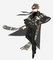  1boy :/ absurdres argyle_clothes argyle_pants arm_at_side black_capelet black_jacket black_pants black_shirt black_shoes blindfold brown_hair brown_scarf buttons call_of_cthulhu cape capelet collared_jacket colored_inner_hair covered_eyes cuff_links curtained_hair diamond_button expressionless facing_viewer flat_color fringe_trim full_body green_shawl grey_cape hair_intakes hair_over_one_eye hand_up highres jacket lapels long_sleeves low_side_ponytail male_focus medium_hair multicolored_hair orange_hair pants puffy_long_sleeves puffy_sleeves replicant_no_souretsu scarf shawl shimachau_hito shirt shoes side_ponytail simple_background solo standing striped_shawl turtleneck turtleneck_shirt white_background 