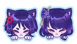  1boy 1girl :< anger_vein animal_ears animal_hands blue_outline blunt_bangs blunt_ends blush cat_boy cat_ears cat_girl choppy_bangs closed_mouth disembodied_head eyelashes eyeliner facing_viewer fan_hair_ornament flower genshin_impact hair_flower hair_intakes hair_ornament makeup meshimeow_(nyagitokomeowda) mole mole_under_eye mother_and_child mother_and_son outline parent_and_child purple_flower raiden_shogun red_eyeliner scaramouche_(genshin_impact) short_eyebrows straight-on swept_bangs tassel tassel_hair_ornament white_background 