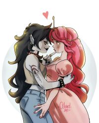  2girls adventure_time alasxegalei arm_tattoo black_eyeshadow black_hair black_lips black_nails bracelet choker collar colored_skin ear_piercing english_commentary eyeshadow from_side grey_skin hand_on_another's_chin heart highres jewelry long_hair makeup marceline_abadeer midriff multiple_girls piercing pink_hair pink_nails pointy_ears princess princess_bonnibel_bubblegum puffy_short_sleeves puffy_sleeves red_choker red_eyes red_lips short_sleeves spiked_bracelet spiked_choker spiked_collar spikes tattoo vampire yuri 