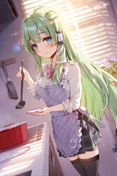 1girl alternate_costume apron black_skirt black_thighhighs blue_eyes blush bow bowtie breasts closed_mouth collared_shirt commentary_request contemporary cooking_pot flower flower_request frog_hair_ornament green_hair hair_ornament hair_tubes holding holding_ladle indoors kitchen kochiya_sanae ladle long_hair long_sleeves looking_at_viewer loose_bowtie medium_breasts miyase_mahiro pink_bow pink_bowtie plaid_clothes plaid_skirt plant pleated_skirt potted_plant purple_apron purple_flower shirt single_hair_tube skindentation skirt smile snake_hair_ornament solo spatula thigh-highs touhou very_long_hair white_shirt 