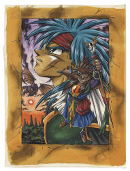  1990s_(style) 2boys arm_up armor black_eyes blue_eyes blue_hair blue_shoes blue_tunic border bracer brown_eyes cape circlet cross_scar dragon dragon_tairiku_koubouki evil_grin evil_smile furusawa_jun'ya green_armor green_tabard grin hair_over_shoulder headband highres holding holding_staff long_hair looking_up male_focus marker_(medium) multiple_boys official_art orb pauldrons profile projected_inset purple_sash purple_shirt red_headband reigas retro_artstyle sash scar scar_on_cheek scar_on_face scott_(dragon_tairiku_koubouki) shirt shoes shoulder_armor skull smile spiked_pauldrons spikes spiky_hair staff standing sun tabard third-party_source traditional_media tunic white_border white_cape 
