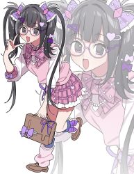  1girl :d bag bow bowtie brown_bag brown_shoes full_body glasses hair_bow hair_ornament hairclip heart heart_hair_ornament highres holding holding_bag kokochi_(koko_chi10) kurisu_kaname leaning_forward loafers long_hair looking_at_viewer official_alternate_costume open_mouth pink_bow pink_bowtie pink_skirt pink_socks pink_vest plaid_bow plaid_bowtie plaid_clothes plaid_skirt pleated_skirt pretty_rhythm pretty_rhythm_aurora_dream pretty_series purple-framed_eyewear purple_bow shirt shoes skirt smile socks standing twintails v vest violet_eyes walking white_background white_shirt zoom_layer 