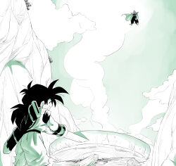  amayuki318 black_hair blue_background blue_sky cape clouds cloudy_sky commentary_request cooking crossed_arms dougi dragon_ball dragon_ball_z fire firewood floating food from_behind from_below gradient_background highres holding holding_sword holding_weapon long_hair martial_arts_belt meat mountain partially_colored piccolo ponytail raised_eyebrows scabbard sheath short_sleeves sky sleeveless son_gohan spiky_hair sun sword thick_eyebrows torn_clothes turban undershirt weapon white_cape wristband 
