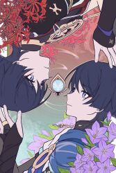  2boys absurdres anemo_symbol_(genshin_impact) armor black_bodysuit black_bridal_gauntlets black_kimono blue_cape blue_gem blue_sleeves blunt_ends bodysuit border bridal_gauntlets bright_pupils cape choppy_bangs closed_mouth distortion dual_persona eyeliner fingernails flower flower_request gem genshin_impact gold gold_ring hand_on_another's_head hand_up highres japanese_armor japanese_clothes jewelry juban kimono kote kurokote layered_sleeves looking_at_another makeup mandarin_collar middle_ring mitsudomoe_(shape) multiple_boys neck_ring open_clothes open_kimono parted_lips pingfanhh purple_flower purple_rope red_eyeliner red_flower red_kimono ripples rope scaramouche_(genshin_impact) shimenawa short_sleeves side_cape sideways_mouth tomoe_(symbol) tsurime upside-down violet_eyes wanderer_(genshin_impact) white_border white_kimono white_mouth white_pupils white_rope white_sleeves white_trim 