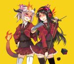 anger_vein black_hair fire glasses hand_on_hip headphones hips horns long_hair microphone multiple_girls pixiv_fantasia pixiv_fantasia_5 red_eyes school_uniform short_hair simple_background tail thigh-highs thighhighs tsukii wince yellow_background 