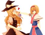  alice_margatroid bad_id blonde_hair blue_eyes blush bow brown_hair capelet character_doll dress embarrassed hairband hat hat_bow heart holding kirisame_marisa kiss multiple_girls sweatdrop touhou tsundere witch witch_hat yamada_(onigori105) yuri 