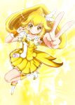  blonde_hair blush boots cure_peace diesel-turbo double_v dress frilled_skirt frills from_above hair_ornament hairband head_wings high_heels kise_yayoi knee_boots leg_lift light_smile long_hair looking_at_viewer magical_girl open_mouth ponytail pose pouch precure puffy_sleeves shoes shorts_under_skirt smile smile_precure! solo star starry_background tiara v wide_ponytail wrist_cuffs yellow yellow_background yellow_dress yellow_eyes 